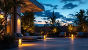 A photograph of a beautifully designed outdoor space illuminated by stylish solar-powered lights at dusk