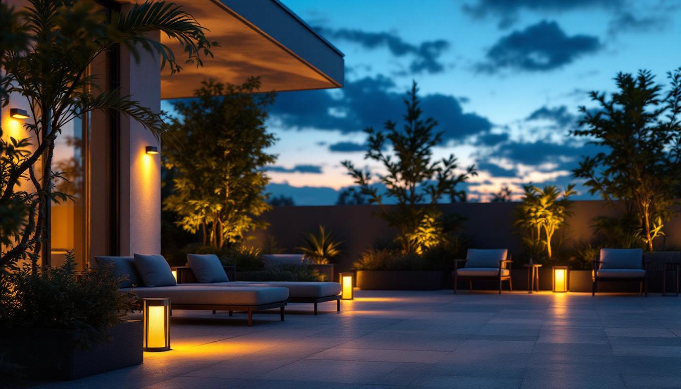 A photograph of a beautifully designed outdoor space illuminated by stylish solar-powered lights at dusk
