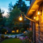 A photograph of capture a photograph of a lighting contractor expertly installing stylish outdoor lighting fixtures in a beautifully landscaped backyard during twilight