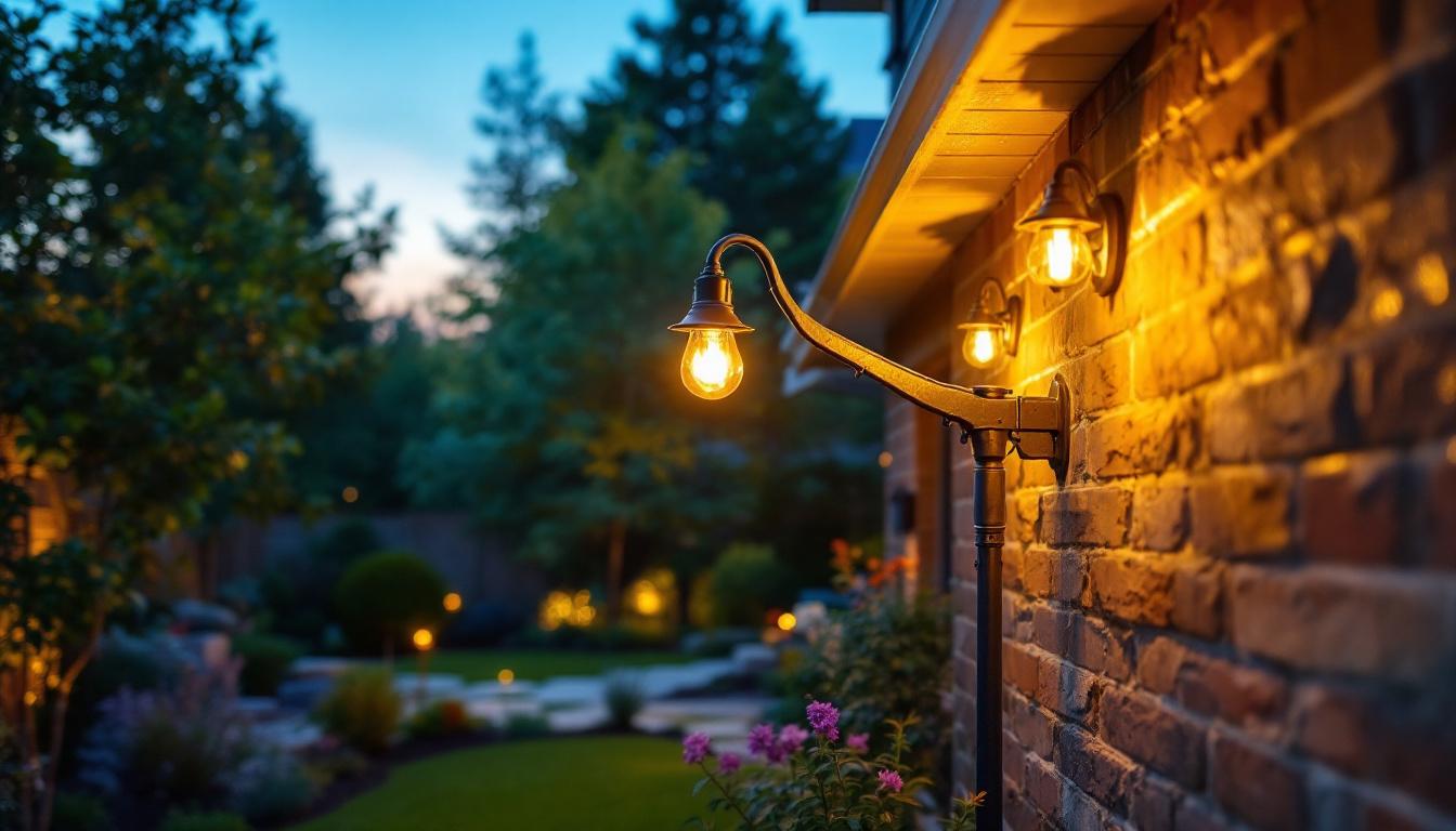 A photograph of capture a photograph of a lighting contractor expertly installing stylish outdoor lighting fixtures in a beautifully landscaped backyard during twilight