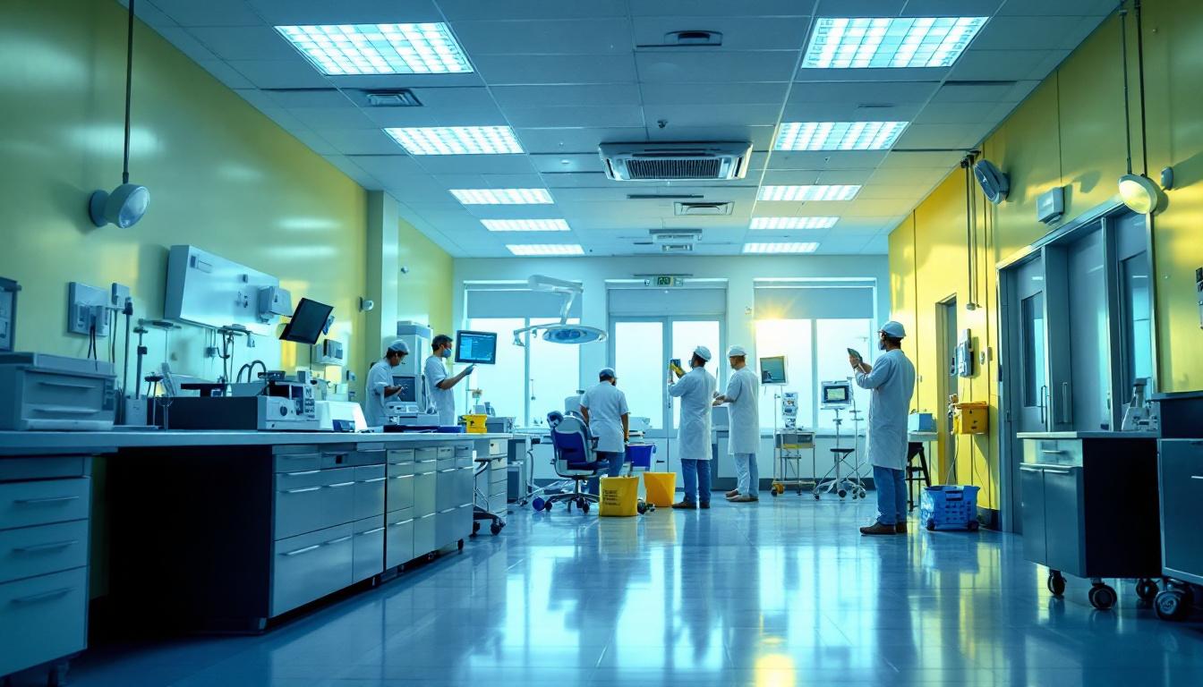A photograph of a well-lit hospital interior showcasing modern lighting solutions