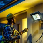 A photograph of a lighting contractor installing a satco floodlight on a residential or commercial property