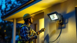 A photograph of a lighting contractor installing a satco floodlight on a residential or commercial property