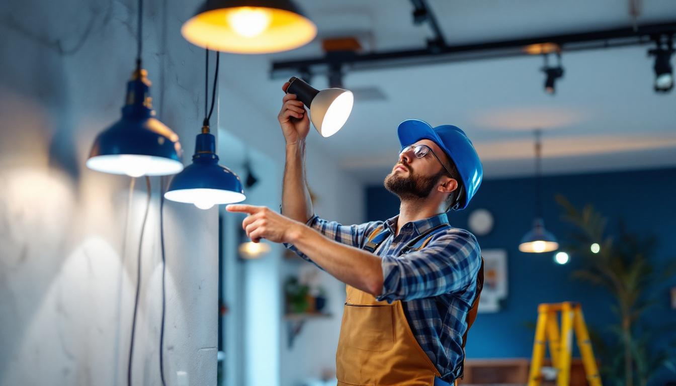 A photograph of a lighting contractor in action