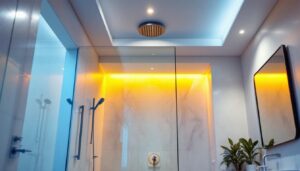 A photograph of a well-designed bathroom featuring recessed shower lights