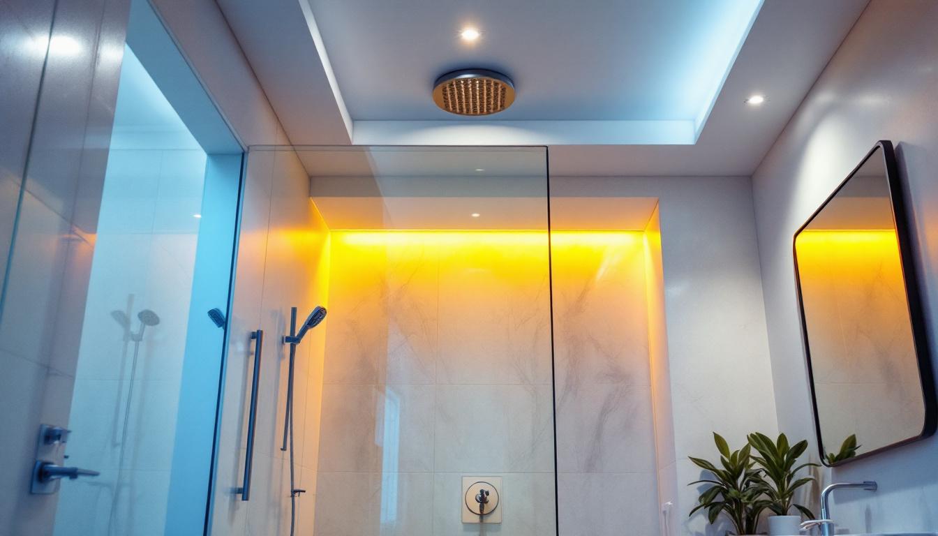 A photograph of a well-designed bathroom featuring recessed shower lights