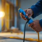 A photograph of a professional lighting contractor in action