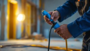 A photograph of a professional lighting contractor in action