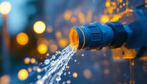 A photograph of a close-up of a waterproof plug connector being installed in a well-lit outdoor lighting setup