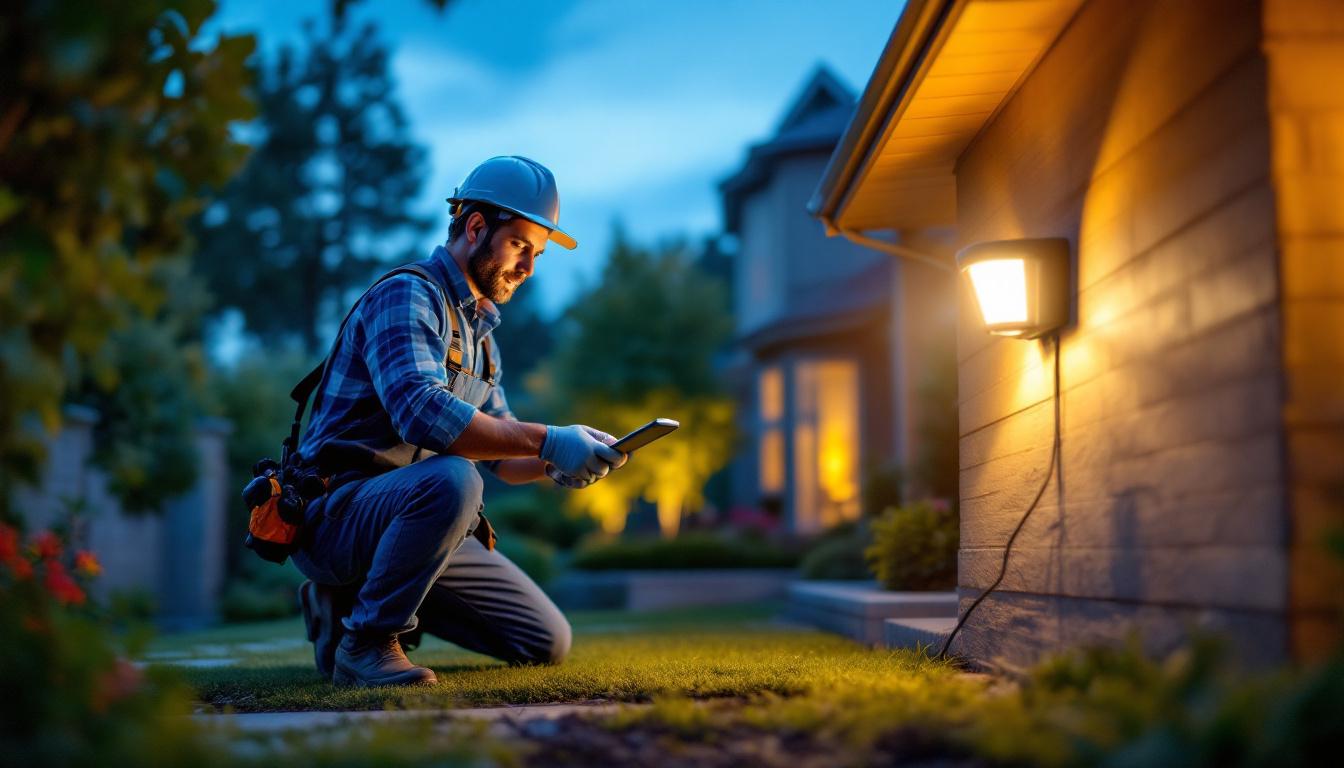 A photograph of a lighting contractor installing an outdoor plug-in motion light in a beautifully landscaped yard during twilight