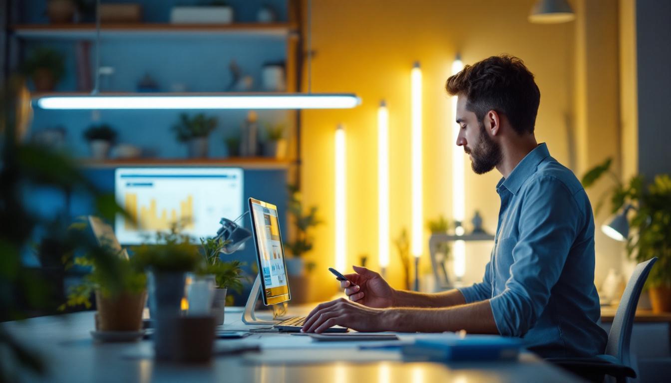 A photograph of a well-lit workspace featuring a variety of led t8 tube lights in use