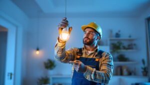 A photograph of a lighting contractor installing a 14w led bulb in a modern residential setting