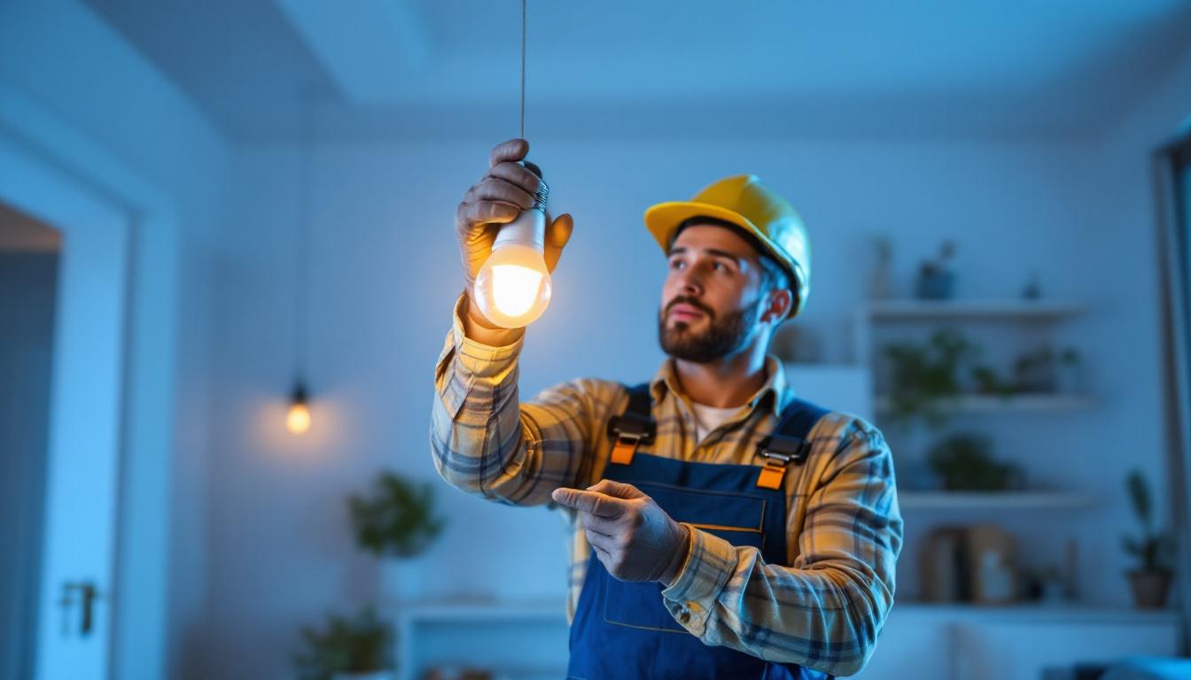 A photograph of a lighting contractor installing a 14w led bulb in a modern residential setting