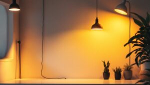 A photograph of a well-lit interior space showcasing a variety of lighting fixtures