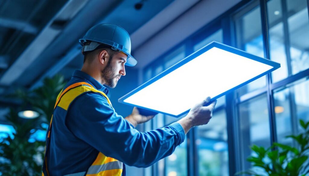 A photograph of a lighting contractor installing a sleek