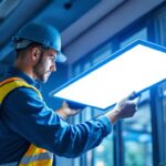 A photograph of a lighting contractor installing a sleek