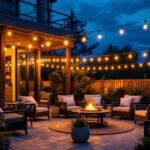 A photograph of a beautifully illuminated outdoor patio at dusk