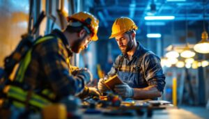 A photograph of a lighting contractor at work