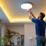 A photograph of a skilled lighting contractor installing modern led recessed lighting in a stylish interior space