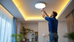 A photograph of a skilled lighting contractor installing modern led recessed lighting in a stylish interior space