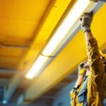 A photograph of a lighting contractor installing an 8-foot led fluorescent replacement fixture in a commercial space