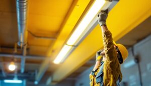 A photograph of a lighting contractor installing an 8-foot led fluorescent replacement fixture in a commercial space
