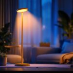 A photograph of a cozy indoor setting featuring a stylish solar lamp illuminating a modern living space