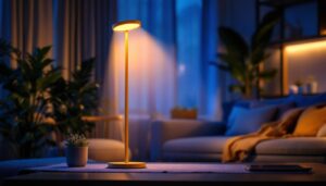 A photograph of a cozy indoor setting featuring a stylish solar lamp illuminating a modern living space