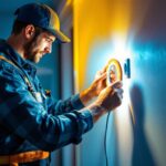 A photograph of a lighting contractor installing a direct wire led strip in a residential setting