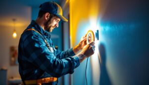 A photograph of a lighting contractor installing a direct wire led strip in a residential setting