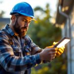 A photograph of a lighting contractor installing a solar light in a residential outdoor setting