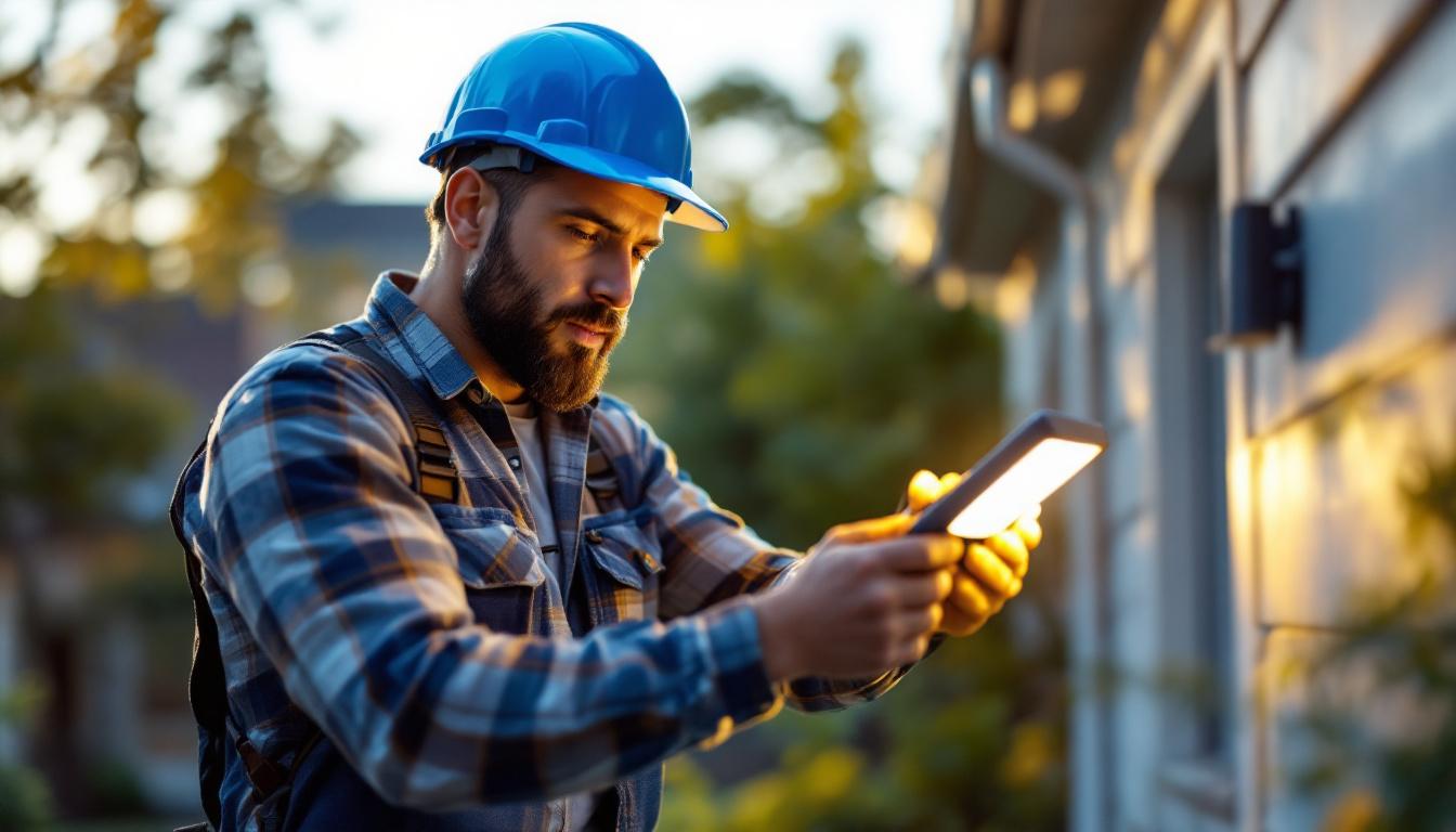 A photograph of a lighting contractor installing a solar light in a residential outdoor setting