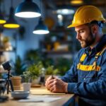 A photograph of a skilled lighting contractor at work