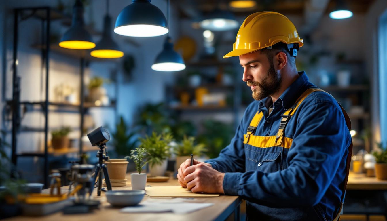 A photograph of a skilled lighting contractor at work