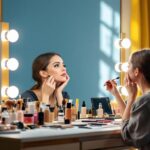 A photograph of a well-lit makeup station featuring a model applying makeup under different lighting conditions