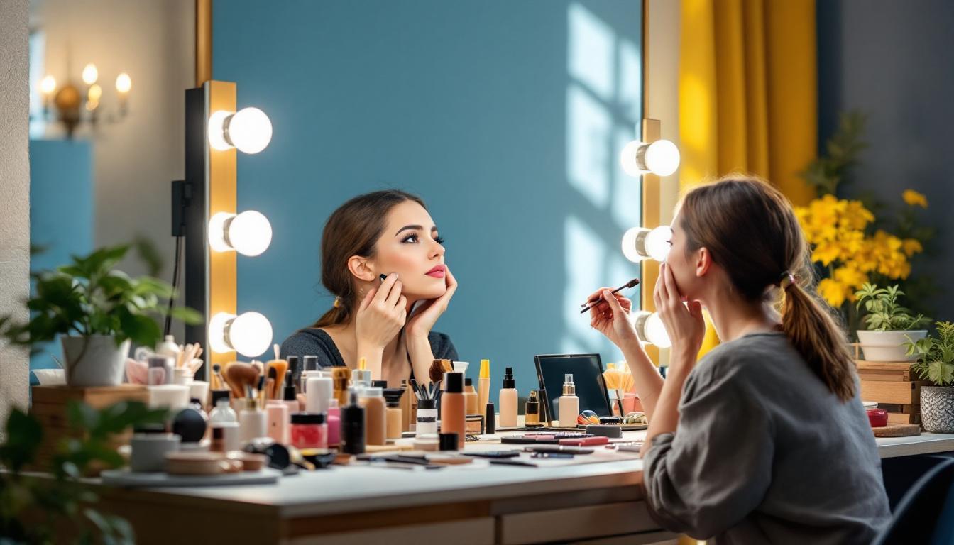 A photograph of a well-lit makeup station featuring a model applying makeup under different lighting conditions