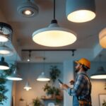 A photograph of a well-lit interior space featuring various stylish ceiling light fixtures