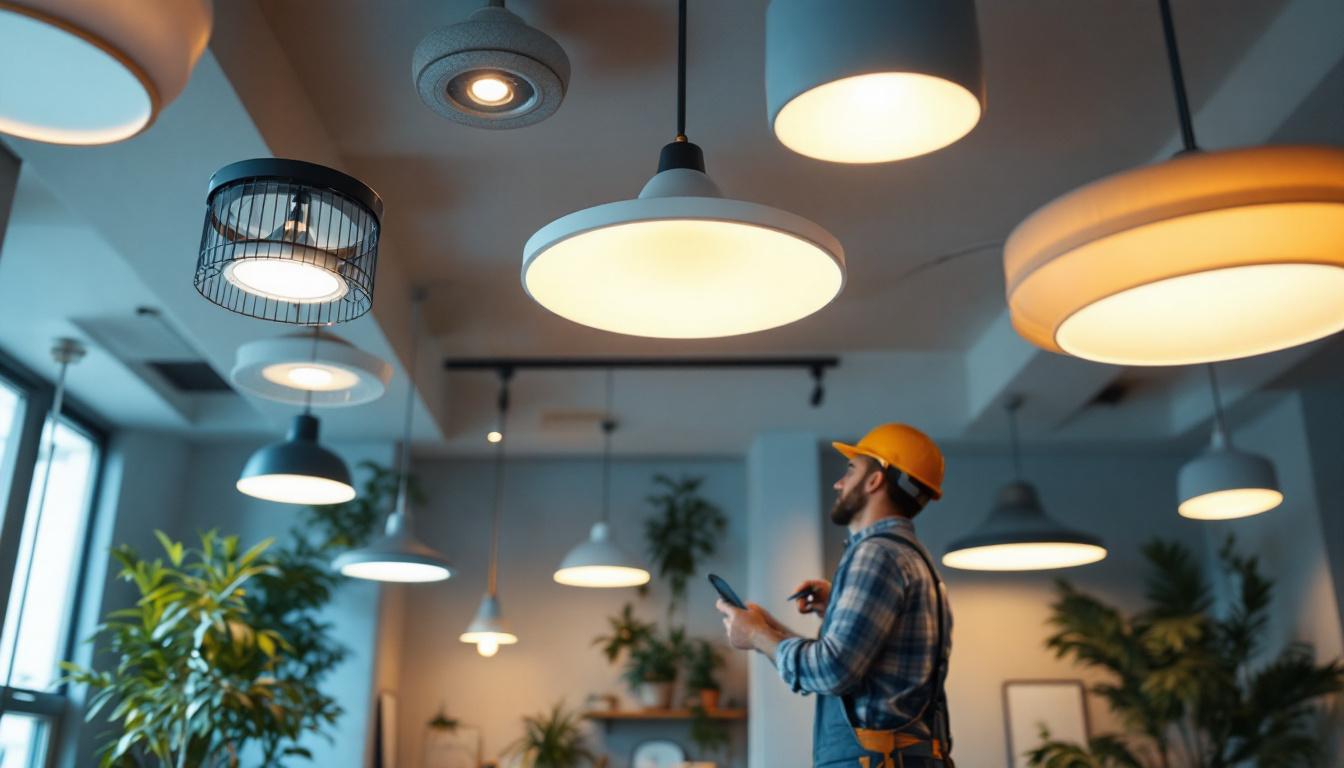 A photograph of a well-lit interior space featuring various stylish ceiling light fixtures