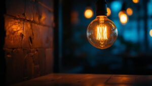 A photograph of a vintage lightbulb glowing warmly in a modern lighting design setting