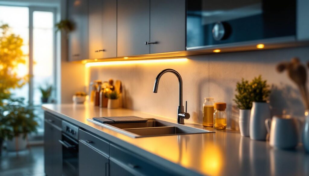 A photograph of a beautifully designed kitchen with stylish undercabinet lighting illuminating the countertops