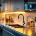 A photograph of a beautifully designed kitchen with stylish undercabinet lighting illuminating the countertops