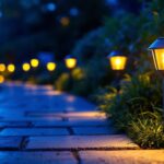 A photograph of a well-lit outdoor scene featuring small solar led lights illuminating a garden pathway or patio
