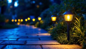 A photograph of a well-lit outdoor scene featuring small solar led lights illuminating a garden pathway or patio