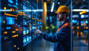 A photograph of a lighting contractor interacting with an advanced automated lighting control system in a modern setting