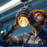 A photograph of a lighting contractor expertly installing or replacing a t12 fluorescent bulb in a commercial or residential setting