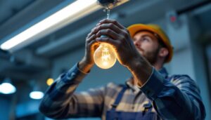 A photograph of a lighting contractor expertly installing or replacing a t12 fluorescent bulb in a commercial or residential setting