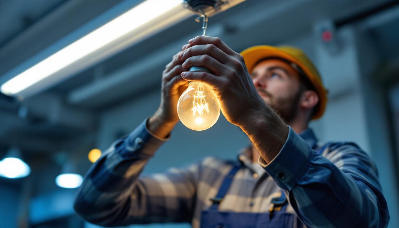 A photograph of a lighting contractor expertly installing or replacing a t12 fluorescent bulb in a commercial or residential setting
