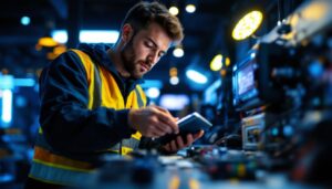 A photograph of a lighting contractor installing or examining a led driver in a modern lighting setup