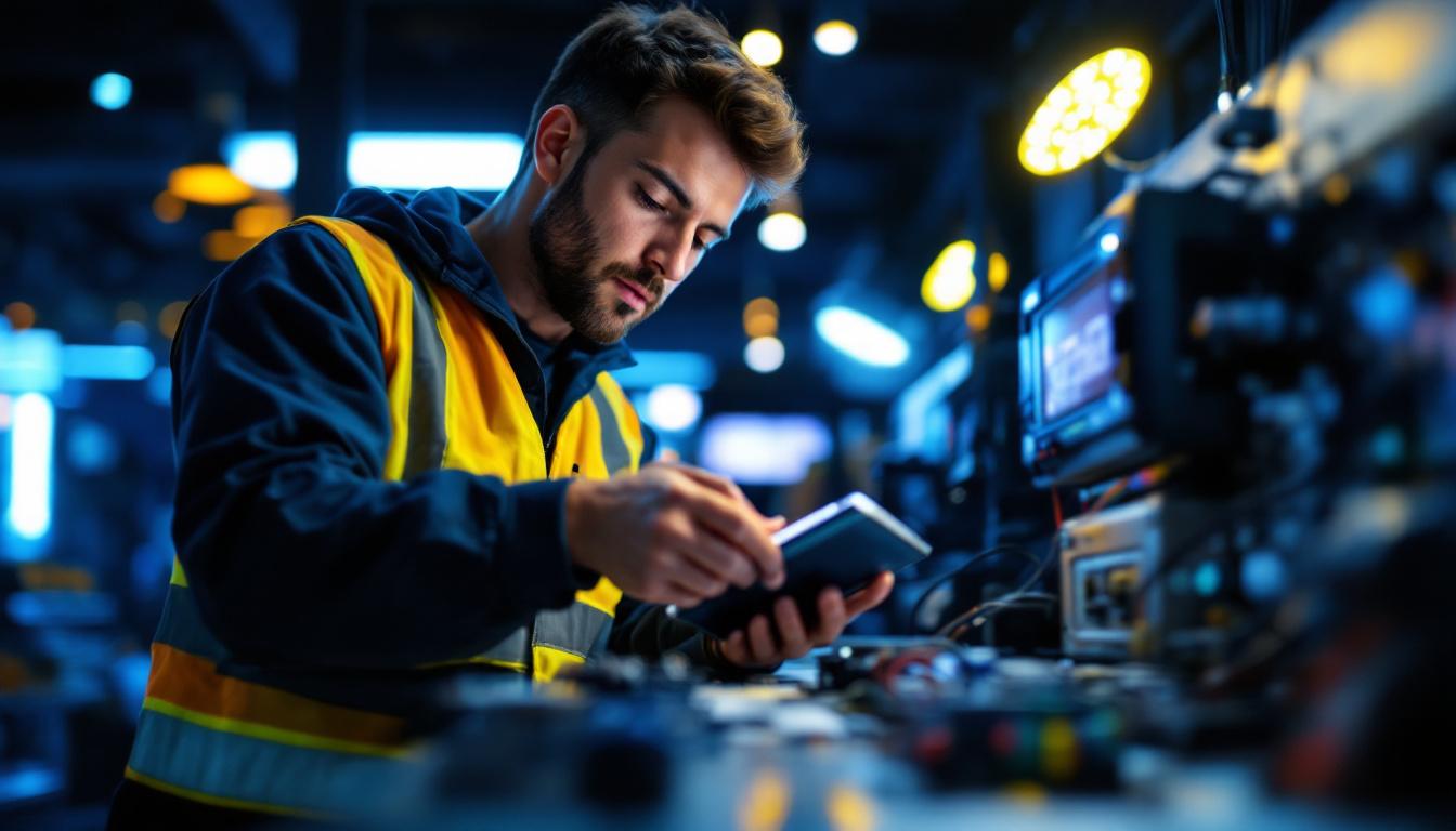 A photograph of a lighting contractor installing or examining a led driver in a modern lighting setup