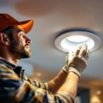 A photograph of a skilled lighting contractor installing a 4-inch recessed housing light in a modern home setting